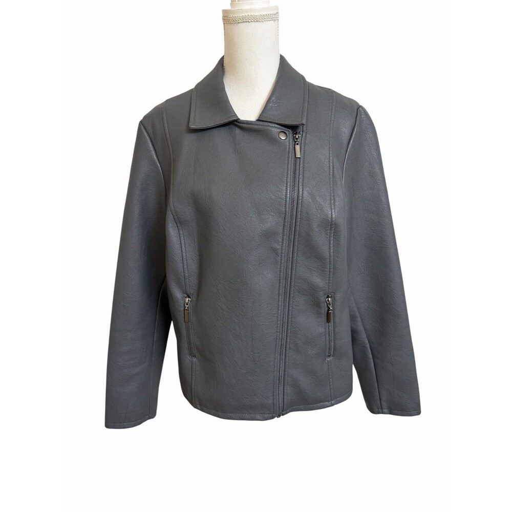 Alfani Women's L Faux Leather Moto Jacket Dark Charcoal Gray Grey Zip Up Pockets